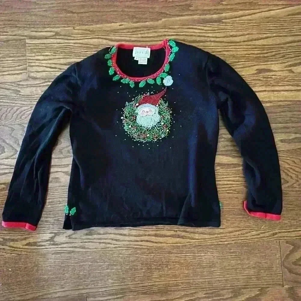 Christmas Sweater Beaded Santa Holly and Jingle Bells Shoulder Pads Size Medium